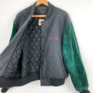 Vintage Hard Rock Cafe Cancun Green Leather Sleeve Varsity Bomber Jacket Sz M